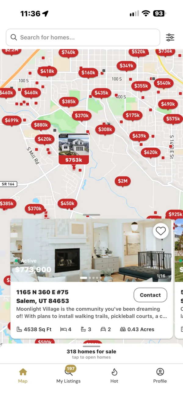 Best Utah Real Estate mobile app — map view of homes for sale in Salem, Utah