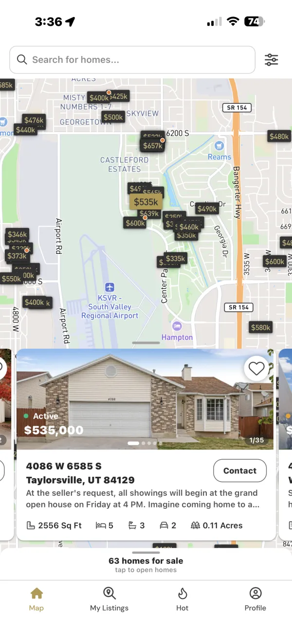 Best Utah Real Estate mobile app — map view of homes for sale in Taylorsville