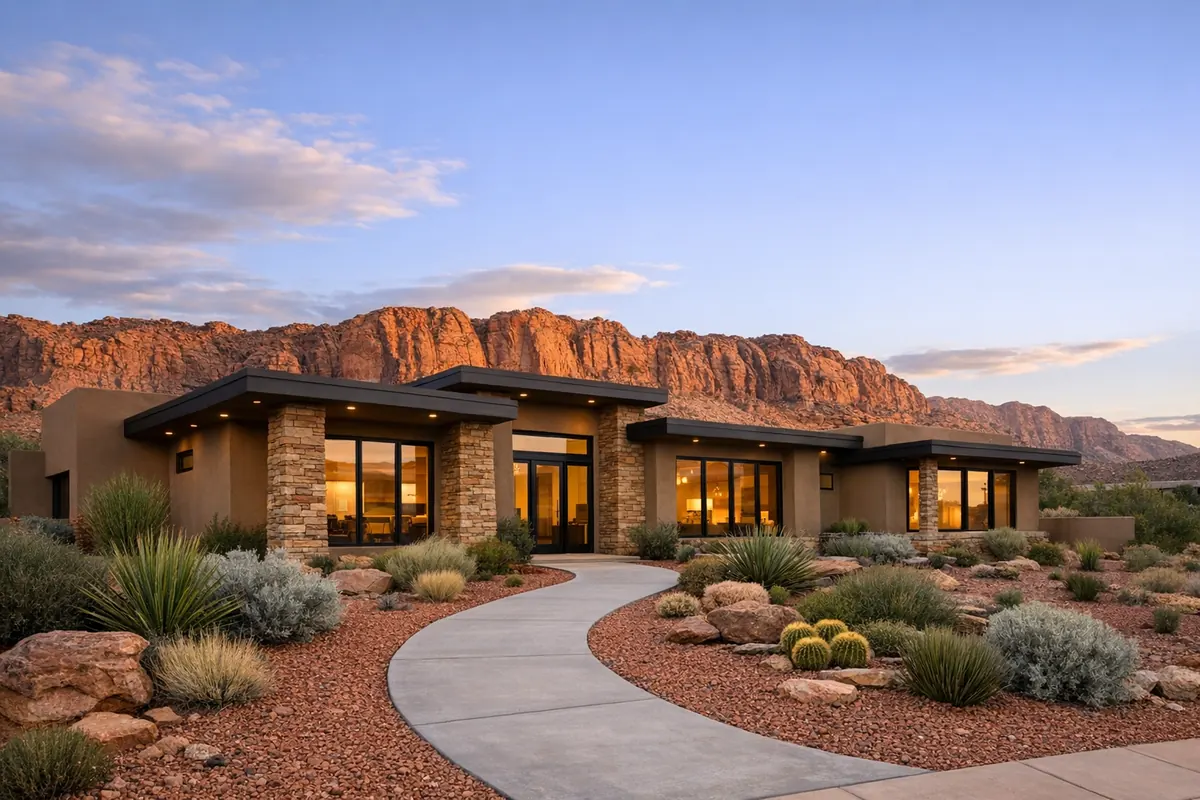 Modern desert home in front of red-rock cliffs in Southern Utah
