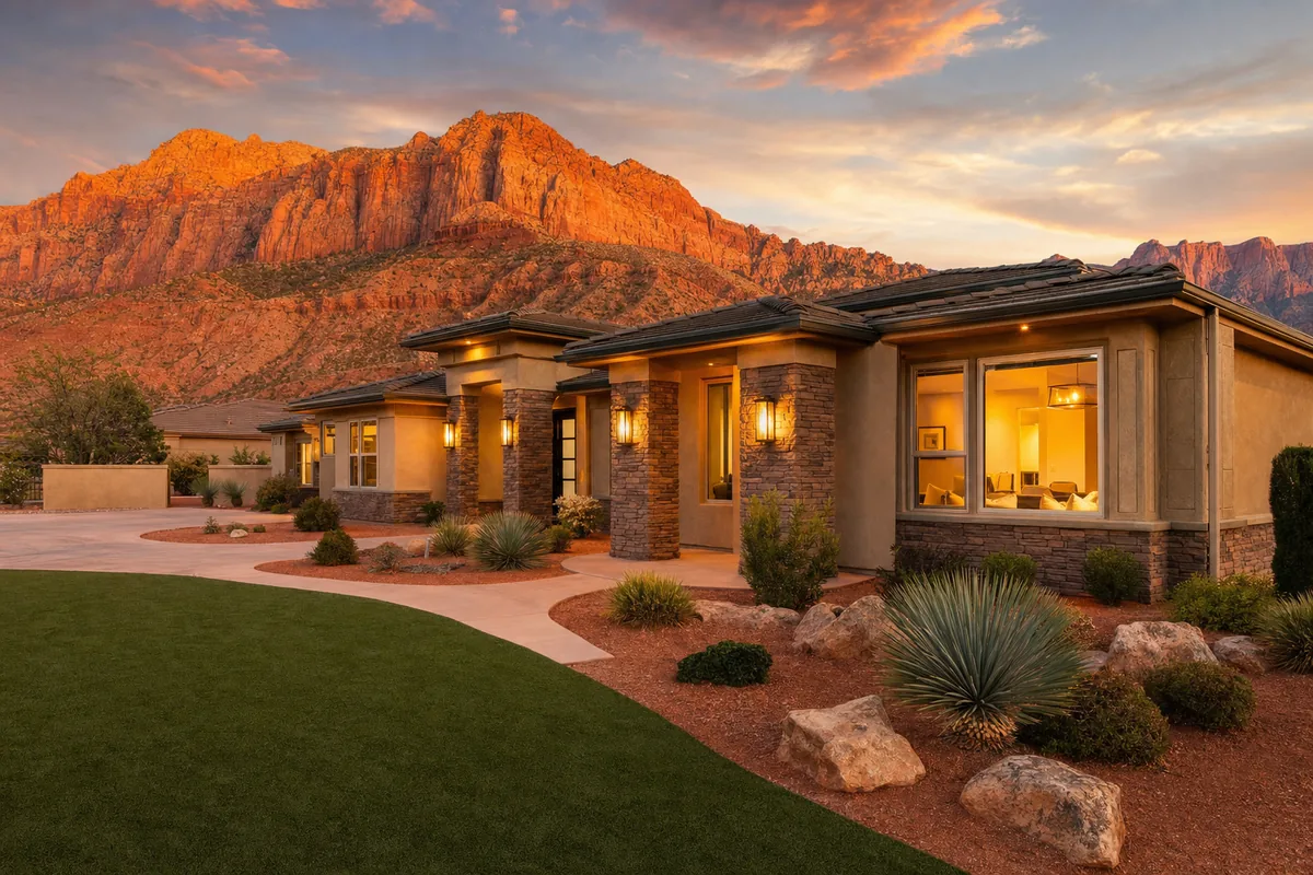 Single-story Southern Utah home with stone columns and desert landscaping below red-rock cliffs at sunset