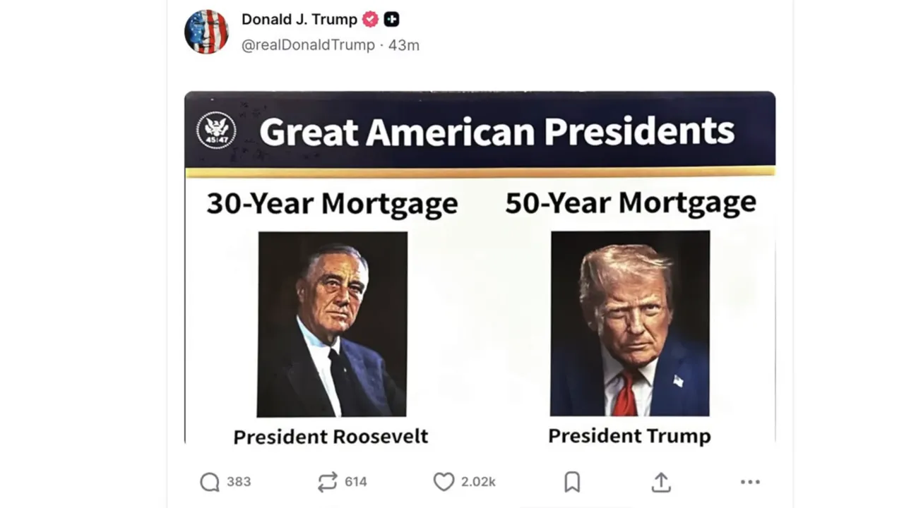 Cropped social media screenshot displaying sideâ€‘byâ€‘side panels labeled '30â€‘Year Mortgage' and '50â€‘Year Mortgage' with portrait images