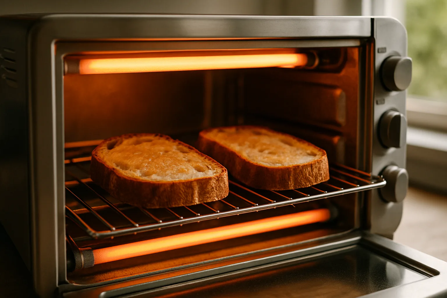 Two slices of sourdough toasting evenly golden on the wire rack inside a toaster oven with glowing quartz elements