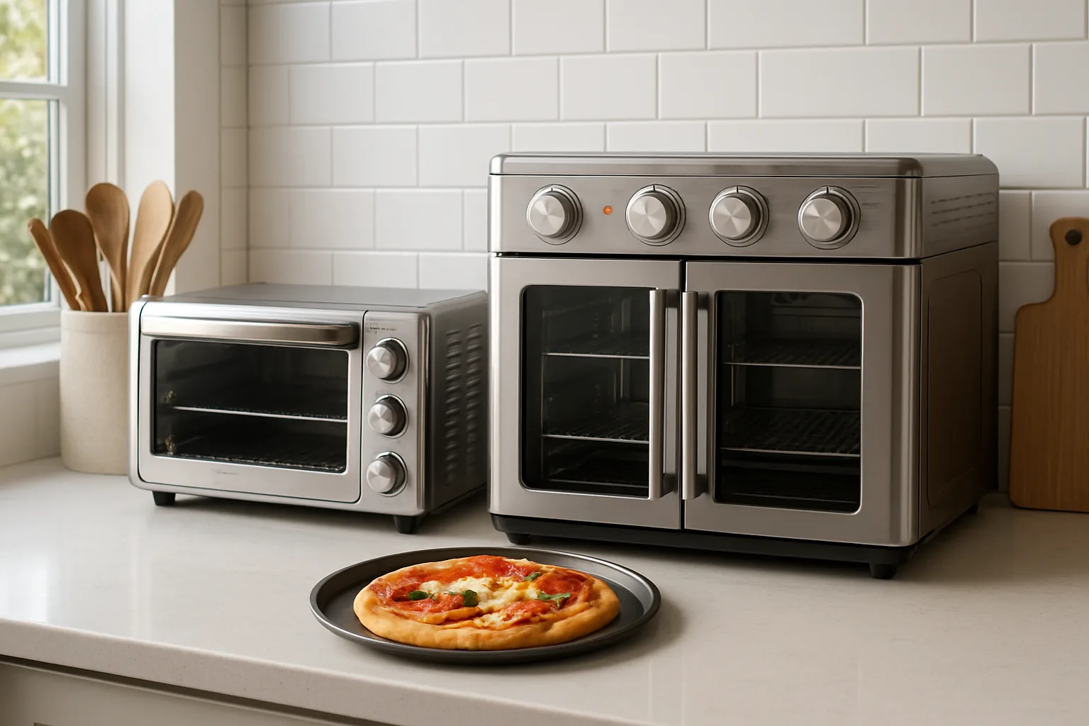 A compact toaster oven beside a larger French door air fryer oven on a kitchen counter with a small pizza in front