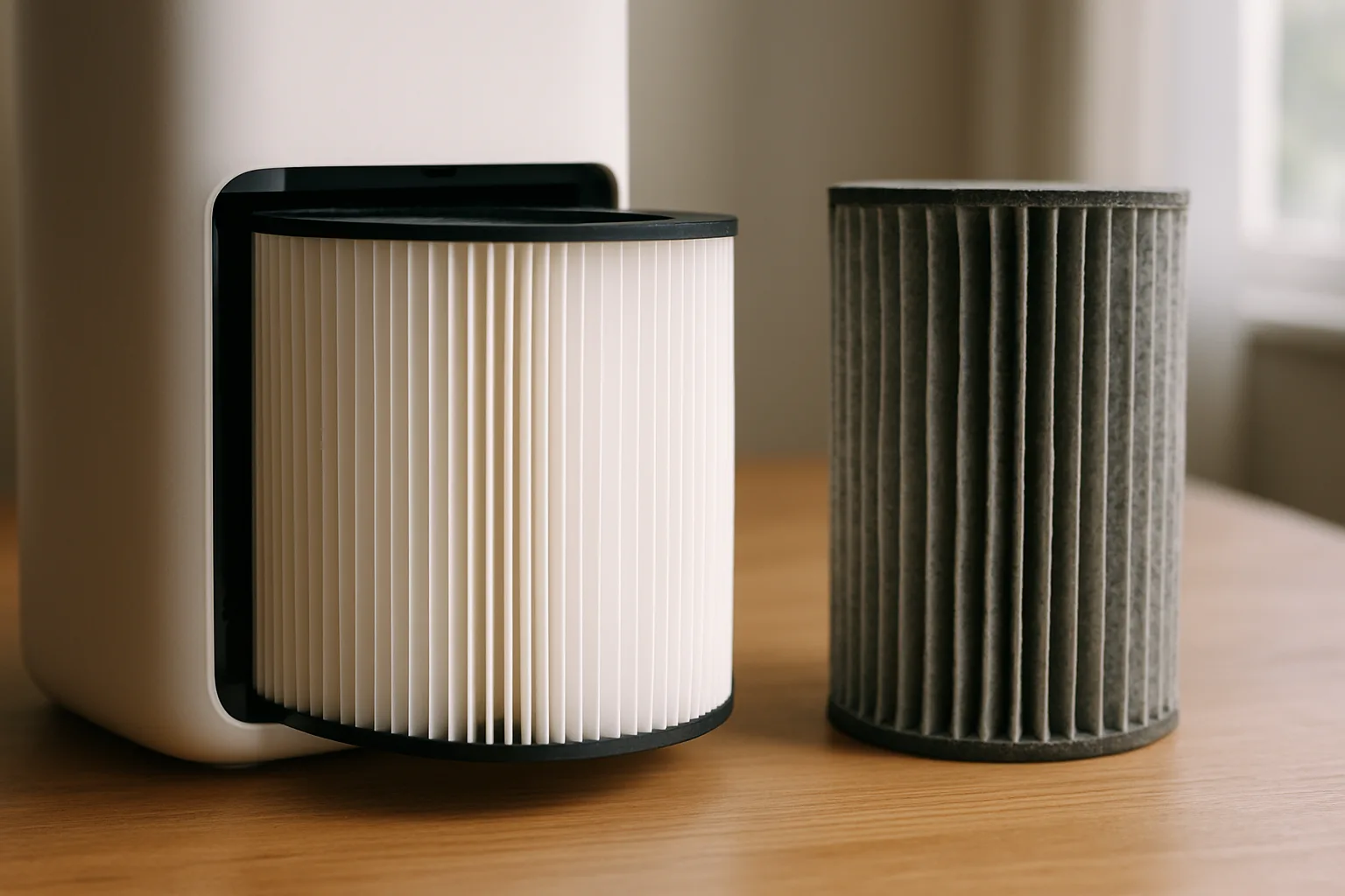 New pleated white HEPA filter partly pulled out of an air purifier next to a used gray filter
