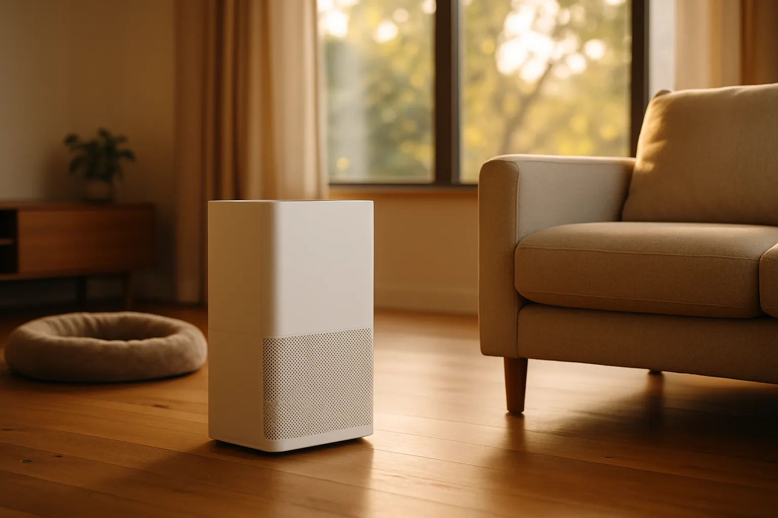 White air purifier placed in an open living room near a sofa and a large window, with a pet bed nearby