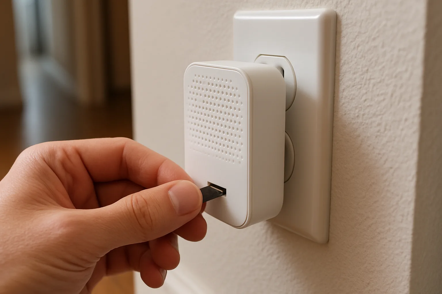 Hand inserting a microSD card into a white plug-in doorbell chime in a hallway outlet