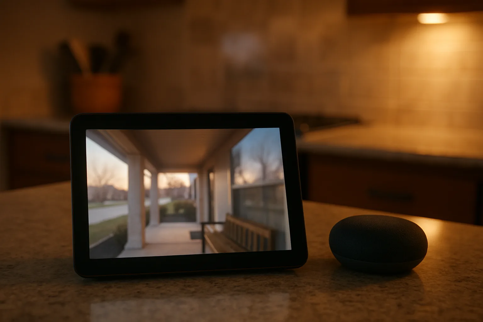 Tablet on a kitchen counter showing a wide view of a front porch next to a small smart speaker