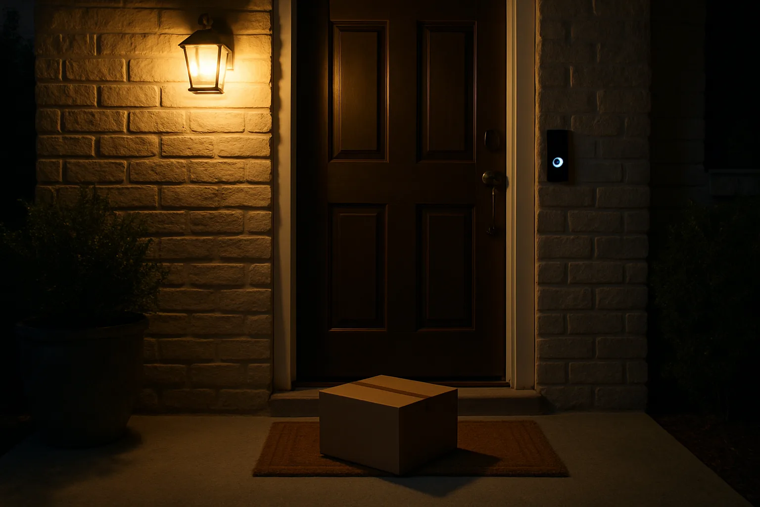 Front porch at night lit by a porch light with a video doorbell beside the door and a package on the mat