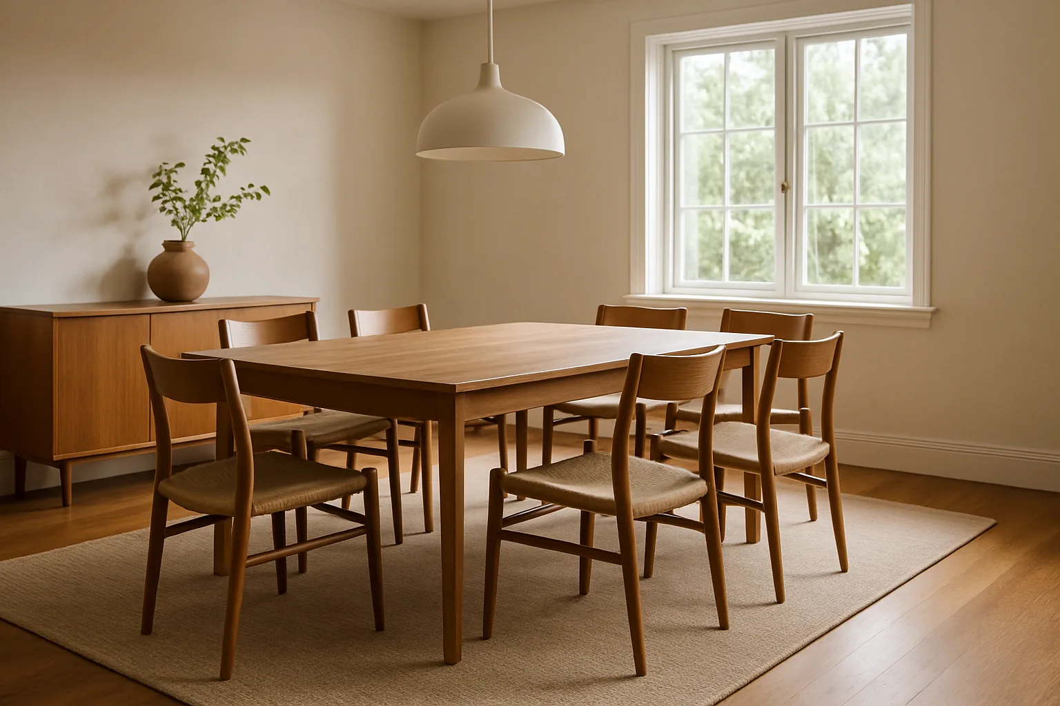 A wooden dining table and six chairs standing on a large woven area rug