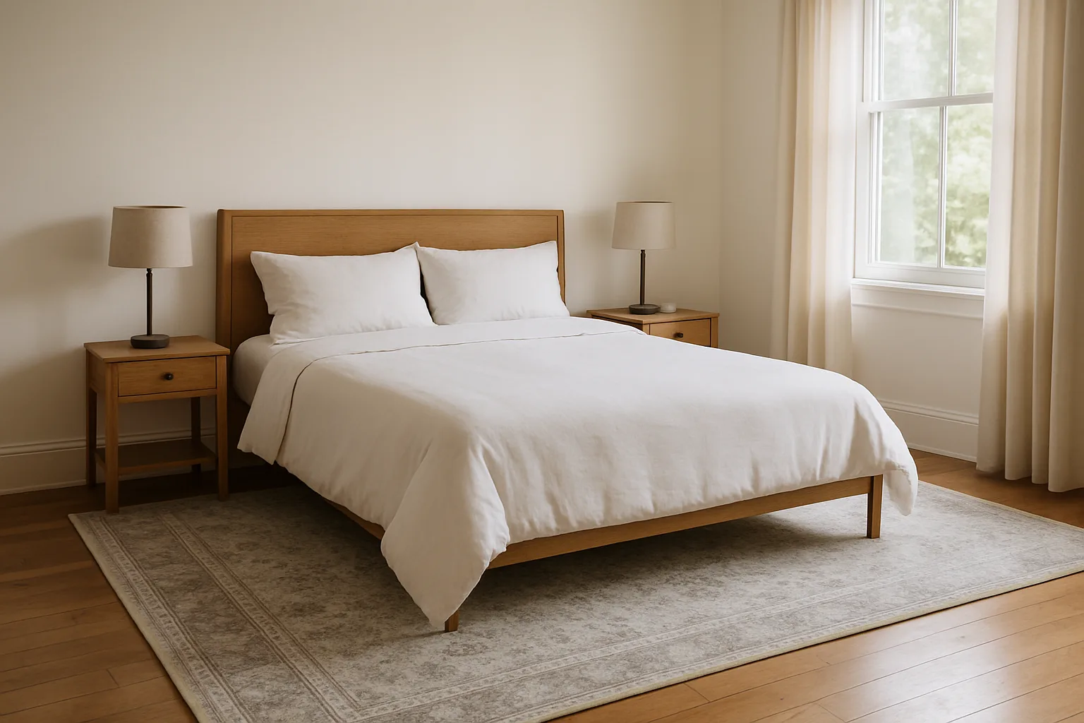 A large area rug under the lower two-thirds of a queen bed extending past both sides