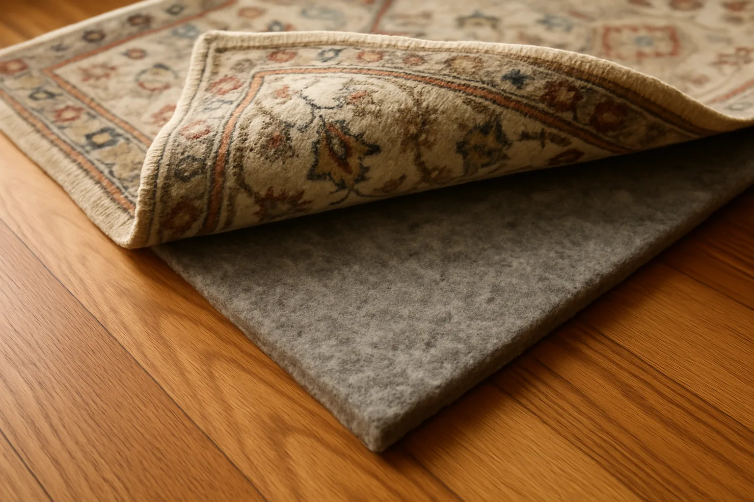 The corner of a patterned area rug folded back to show a gray felt rug pad on a hardwood floor