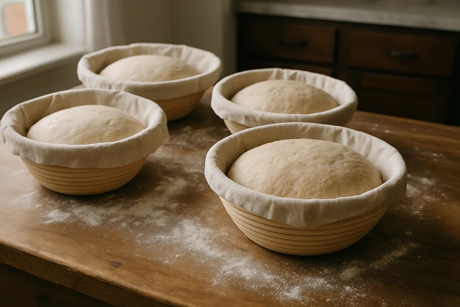 Shaped dough rising in cloth-lined proofing baskets on a floured counter