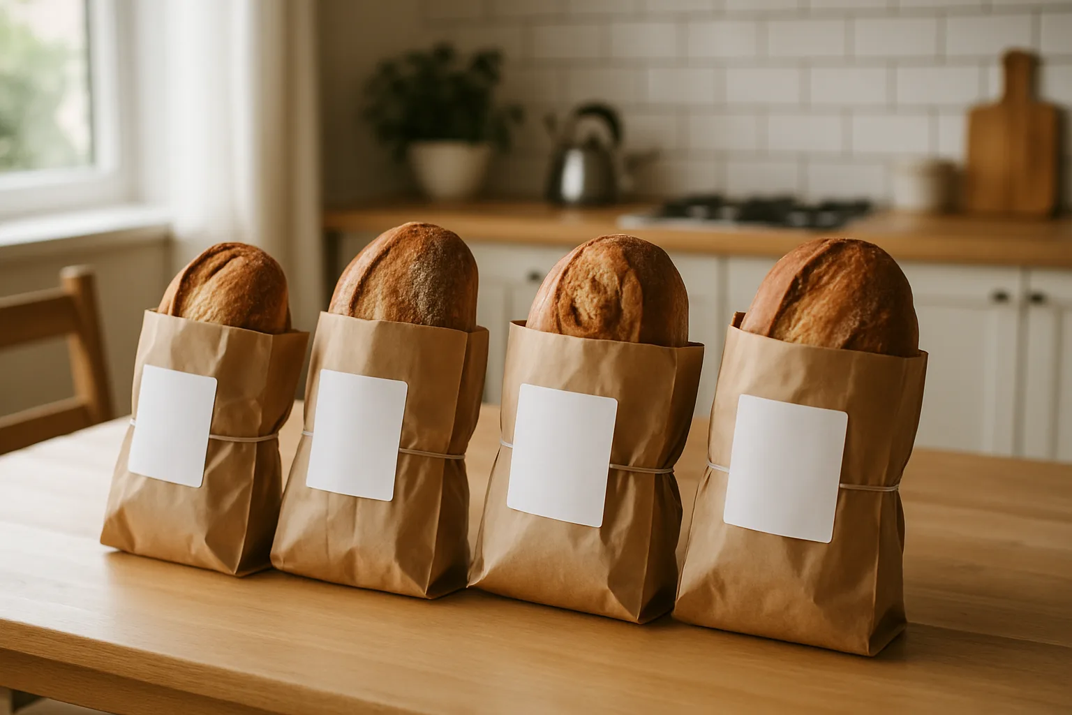 Loaves packed in kraft bread bags with blank labels on a kitchen table