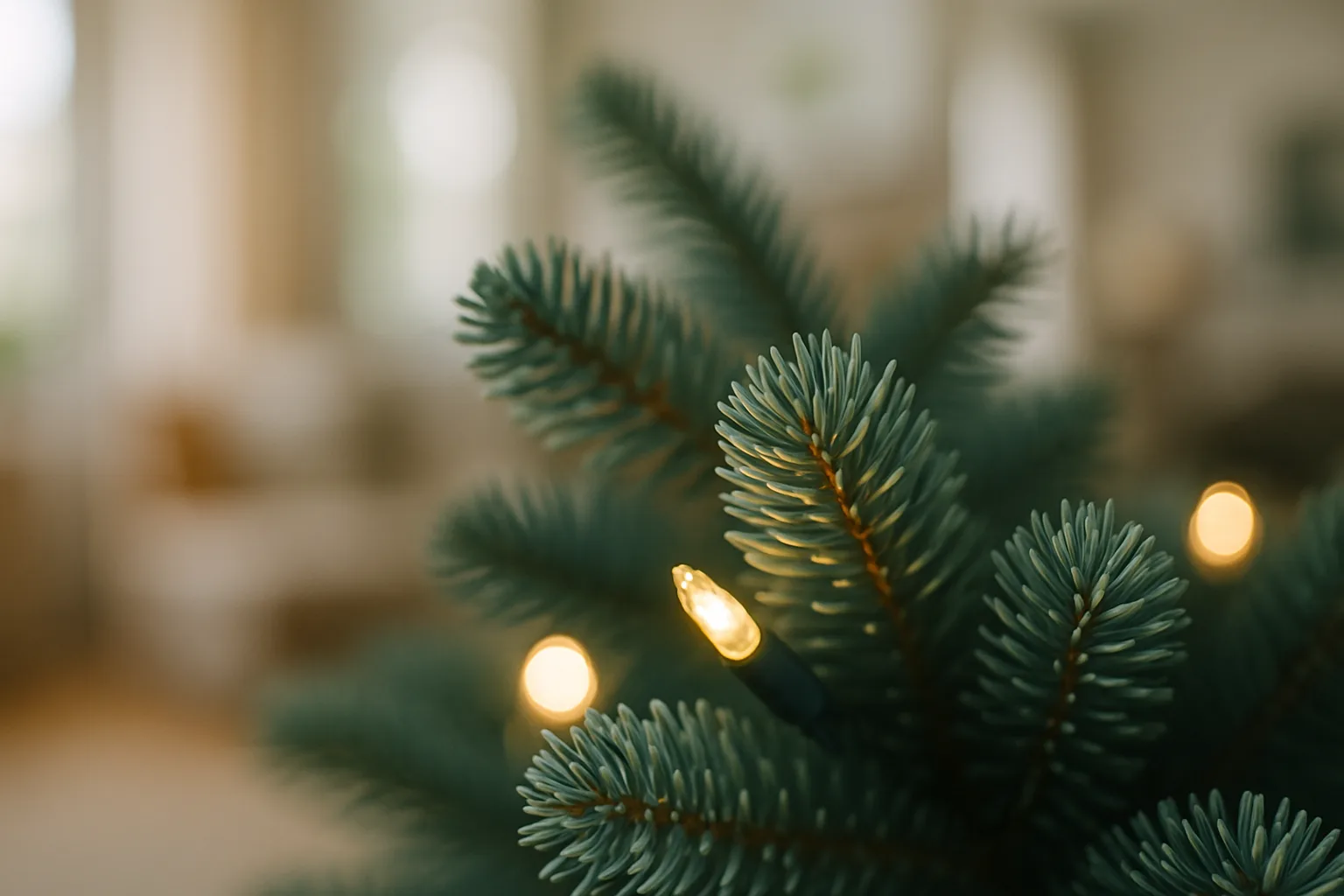 Close-up of blue-green artificial spruce branch tips glowing under warm white mini lights
