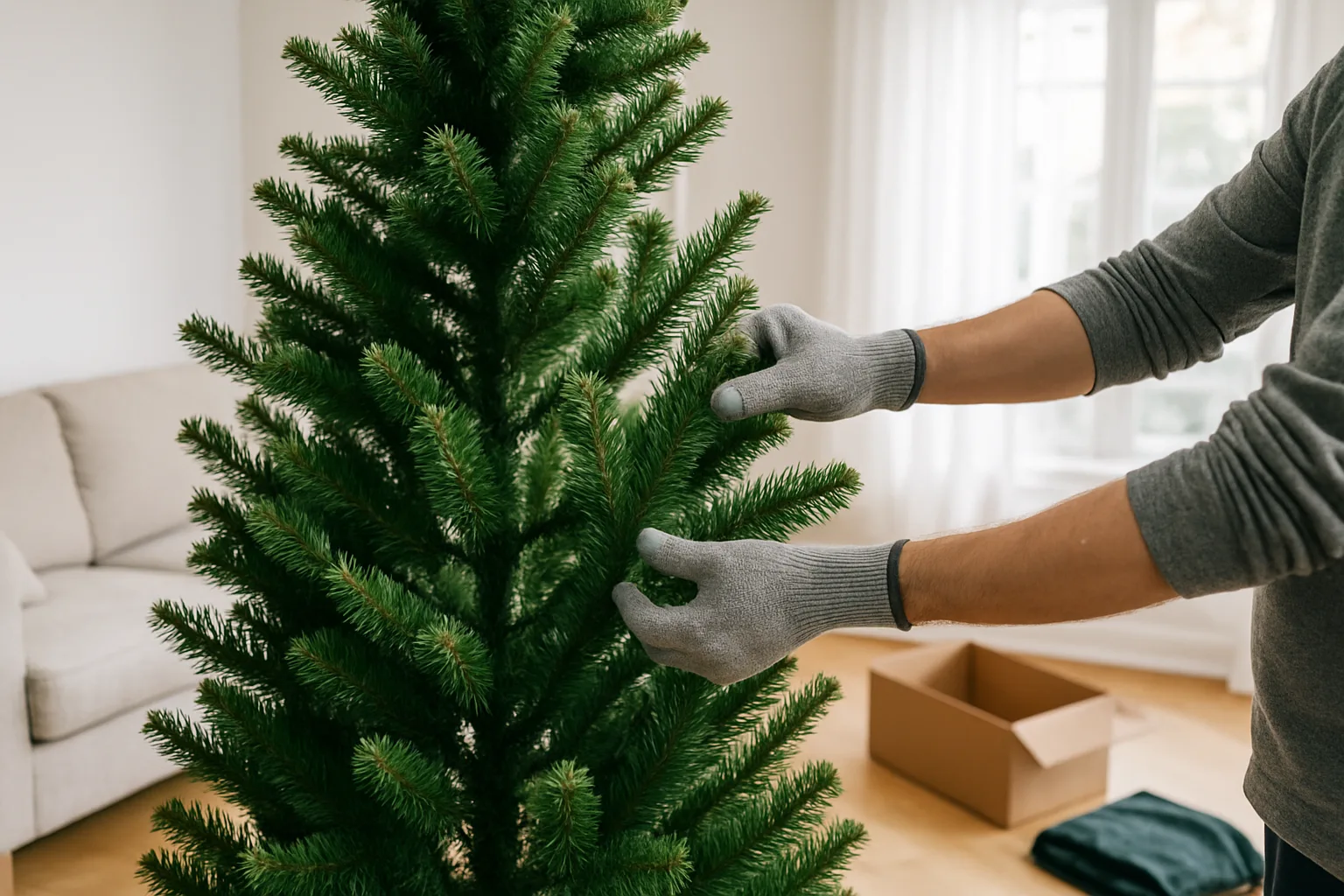 Hands in work gloves shaping the hinged branches of an unlit artificial Christmas tree in a living room