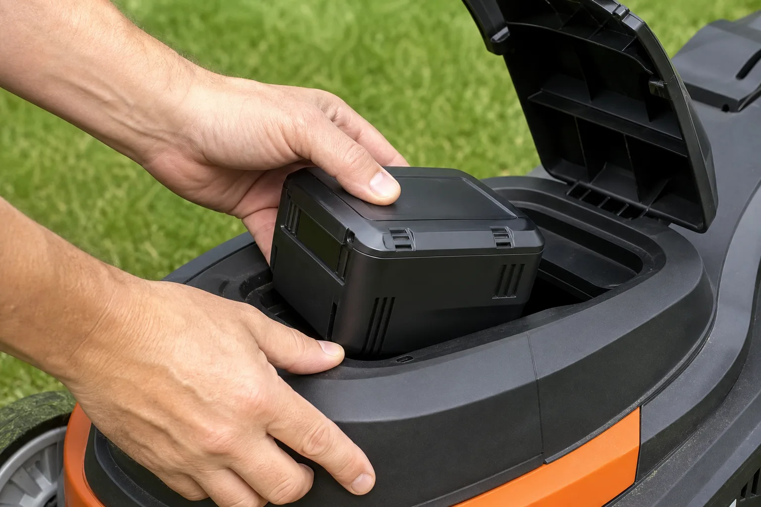Hands sliding a lithium battery pack into the compartment on top of a cordless lawn mower
