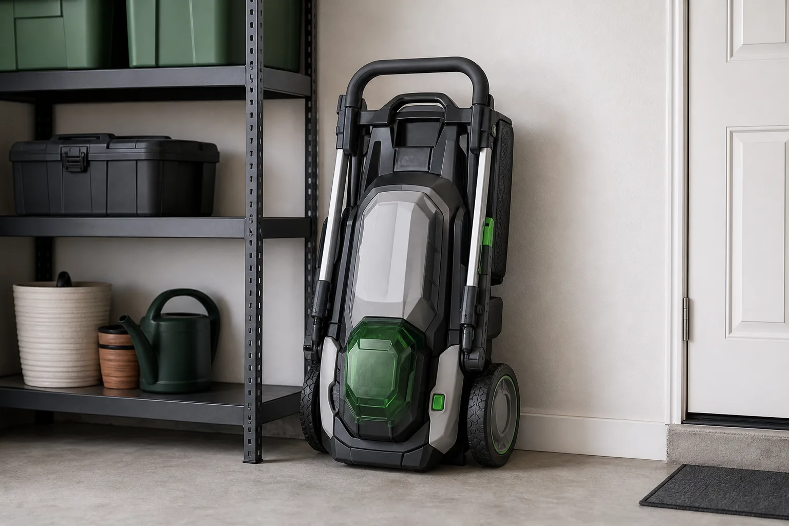 Cordless lawn mower with its handle folded standing upright against a garage wall