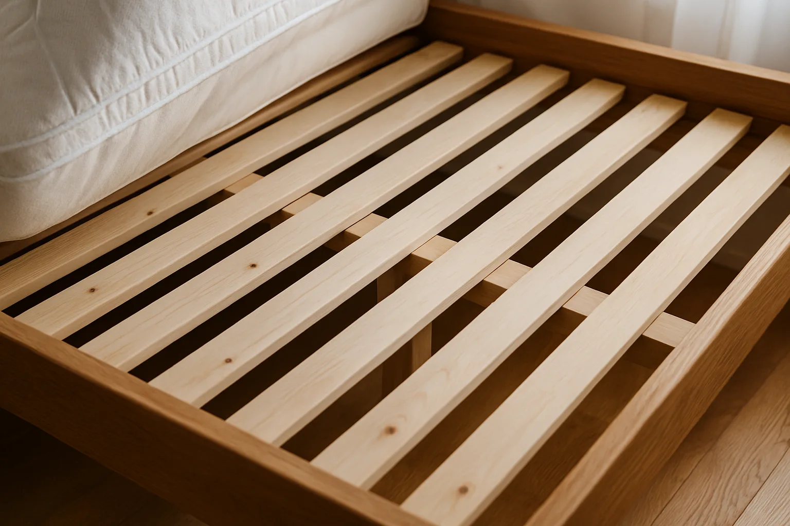 Evenly spaced pine bed slats on a wooden bed frame with a center support rail and the mattress lifted at one corner