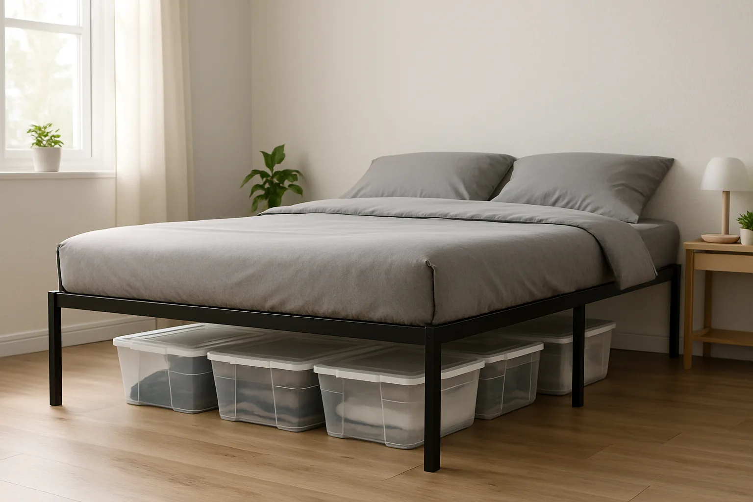 A black metal platform bed frame with clear storage bins slid underneath in a bright bedroom