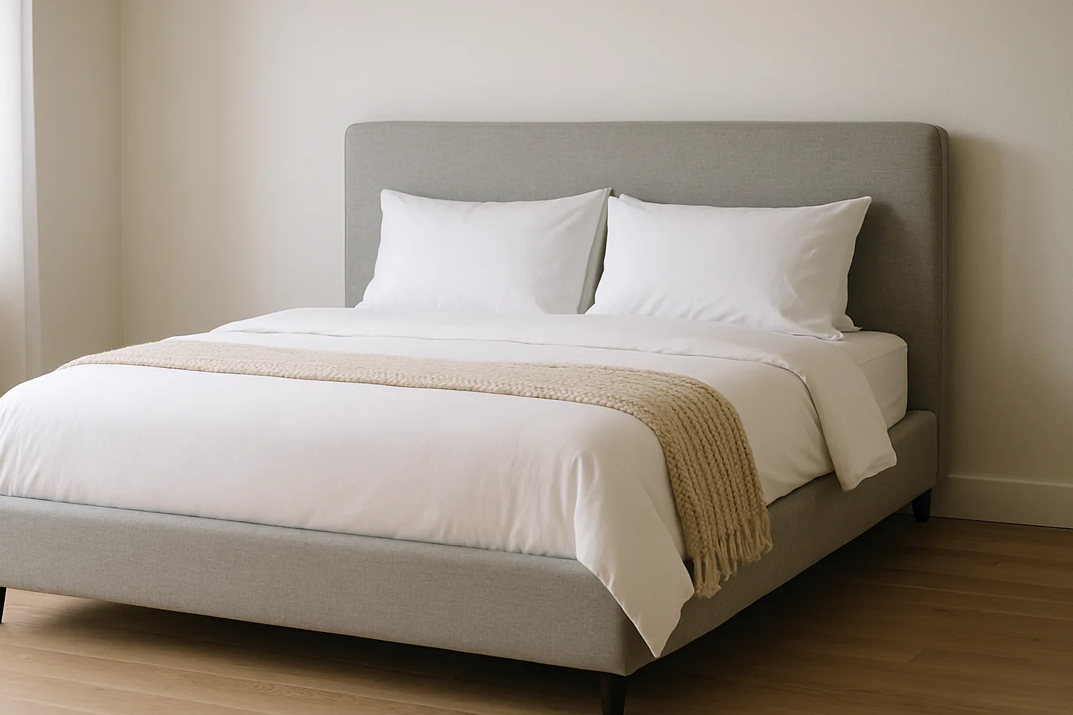 A light gray upholstered bed frame with a fabric headboard and white bedding