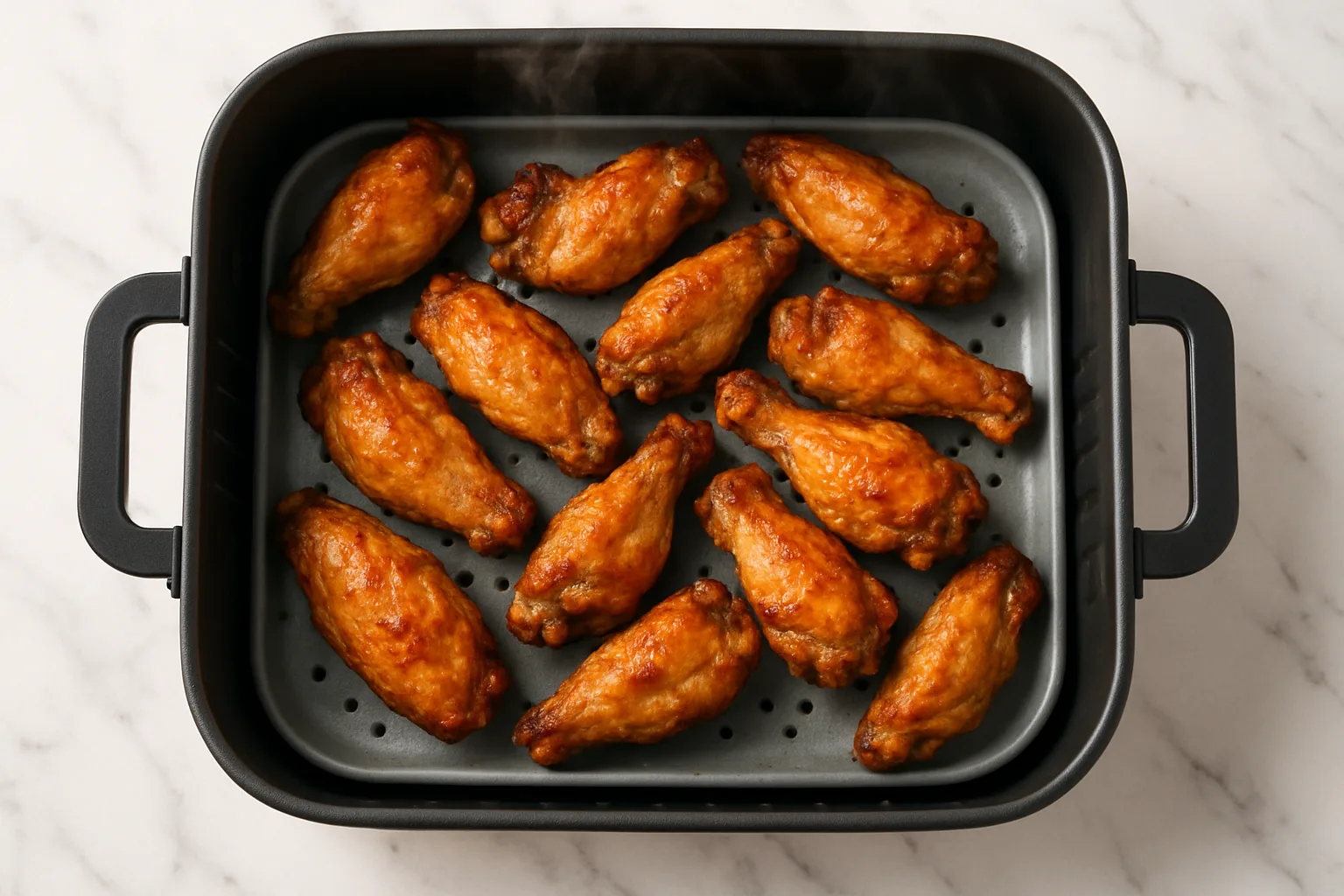 Single layer of browned chicken wings spread across a wide, shallow ceramic-coated air fryer basket