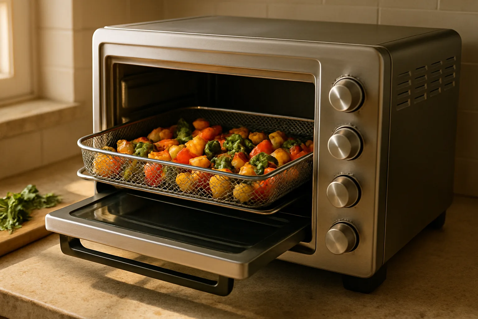 Stainless steel countertop convection oven with the door open and a mesh air fry rack of roasted vegetables inside