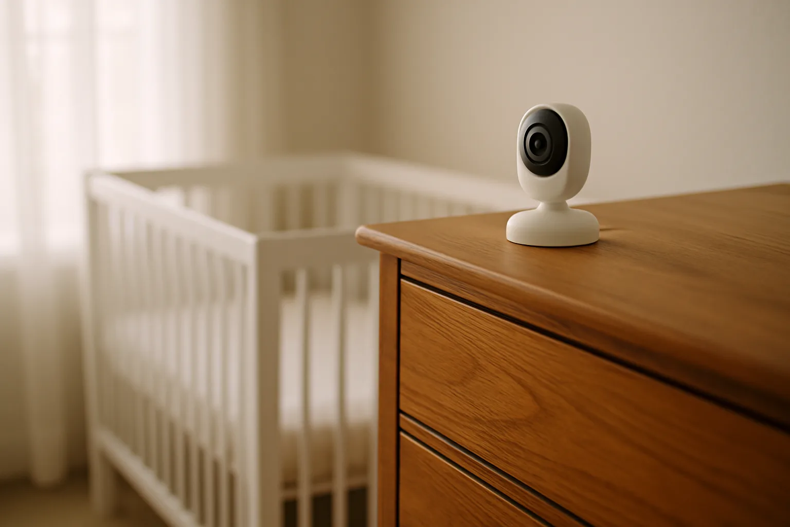 Small white baby monitor camera on top of a wooden dresser across the nursery from a white crib