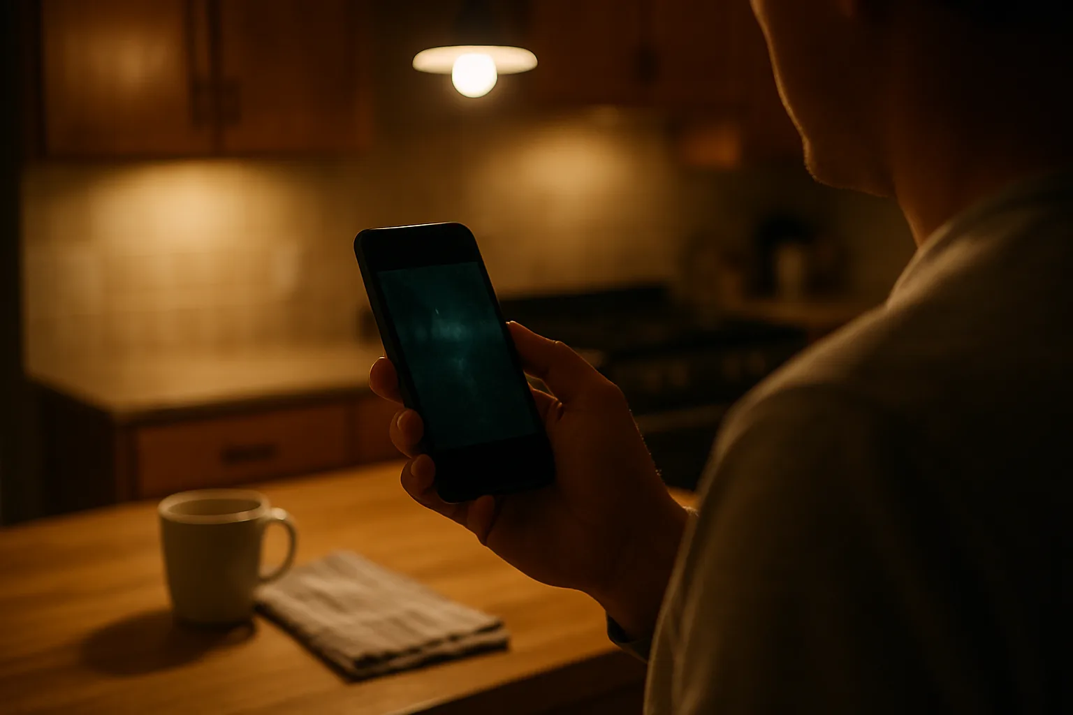 Parent in a dim kitchen at night checking a baby monitor feed on a smartphone