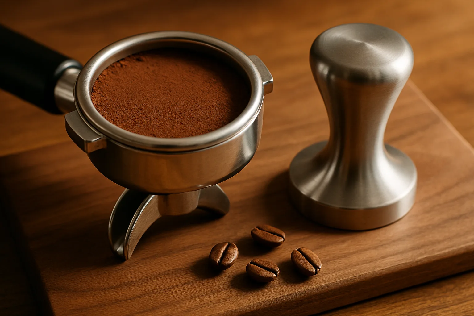 Stainless steel espresso portafilter holding a level dose of finely ground coffee next to a steel tamper on a walnut board