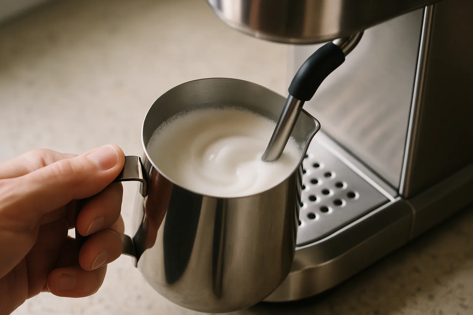 Stainless steel milk pitcher held under a home espresso machine steam wand with glossy microfoam swirling inside