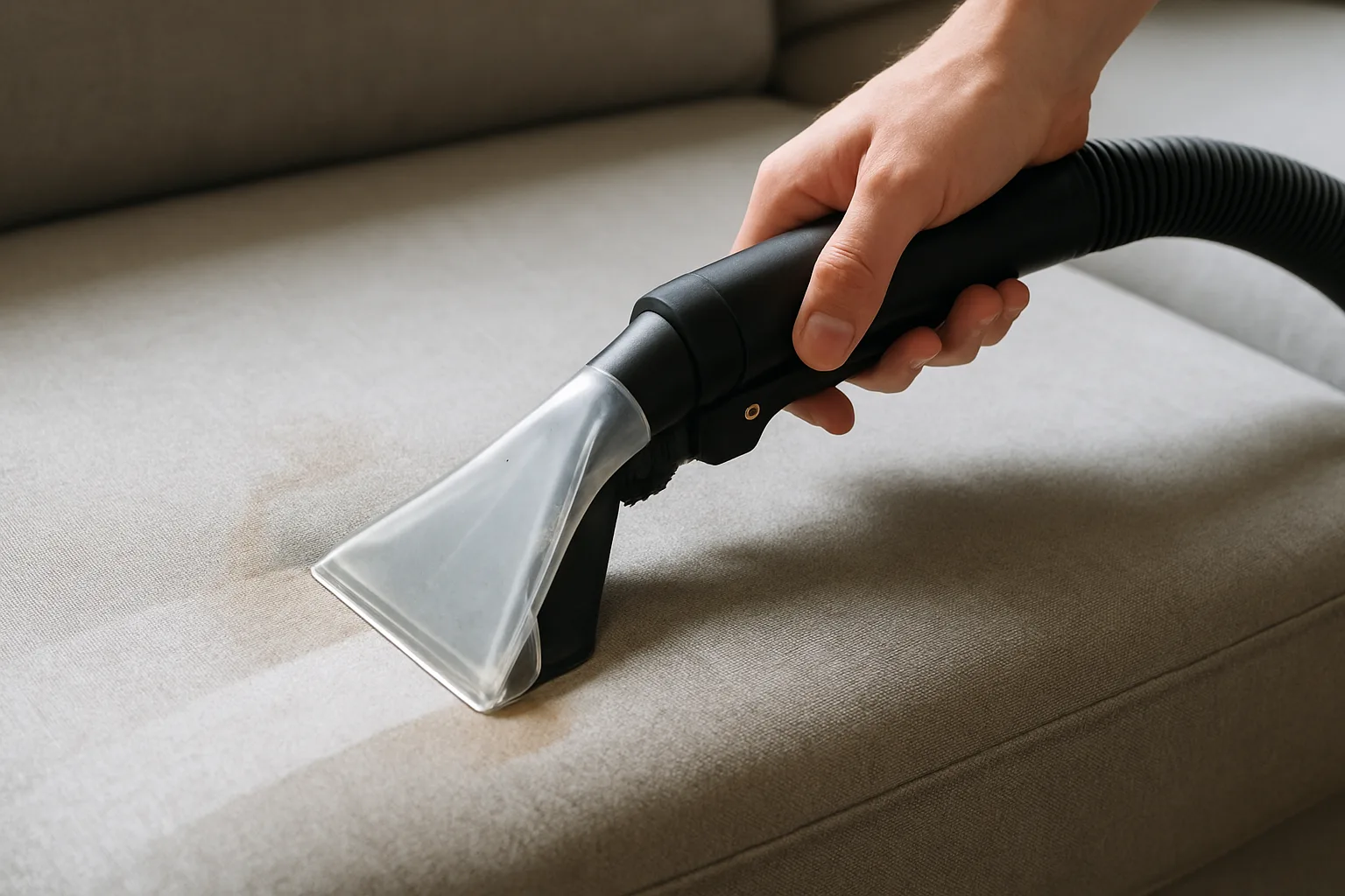 Handheld upholstery cleaning tool on a hose drawn across a light gray fabric sofa cushion, clearing a faint coffee stain