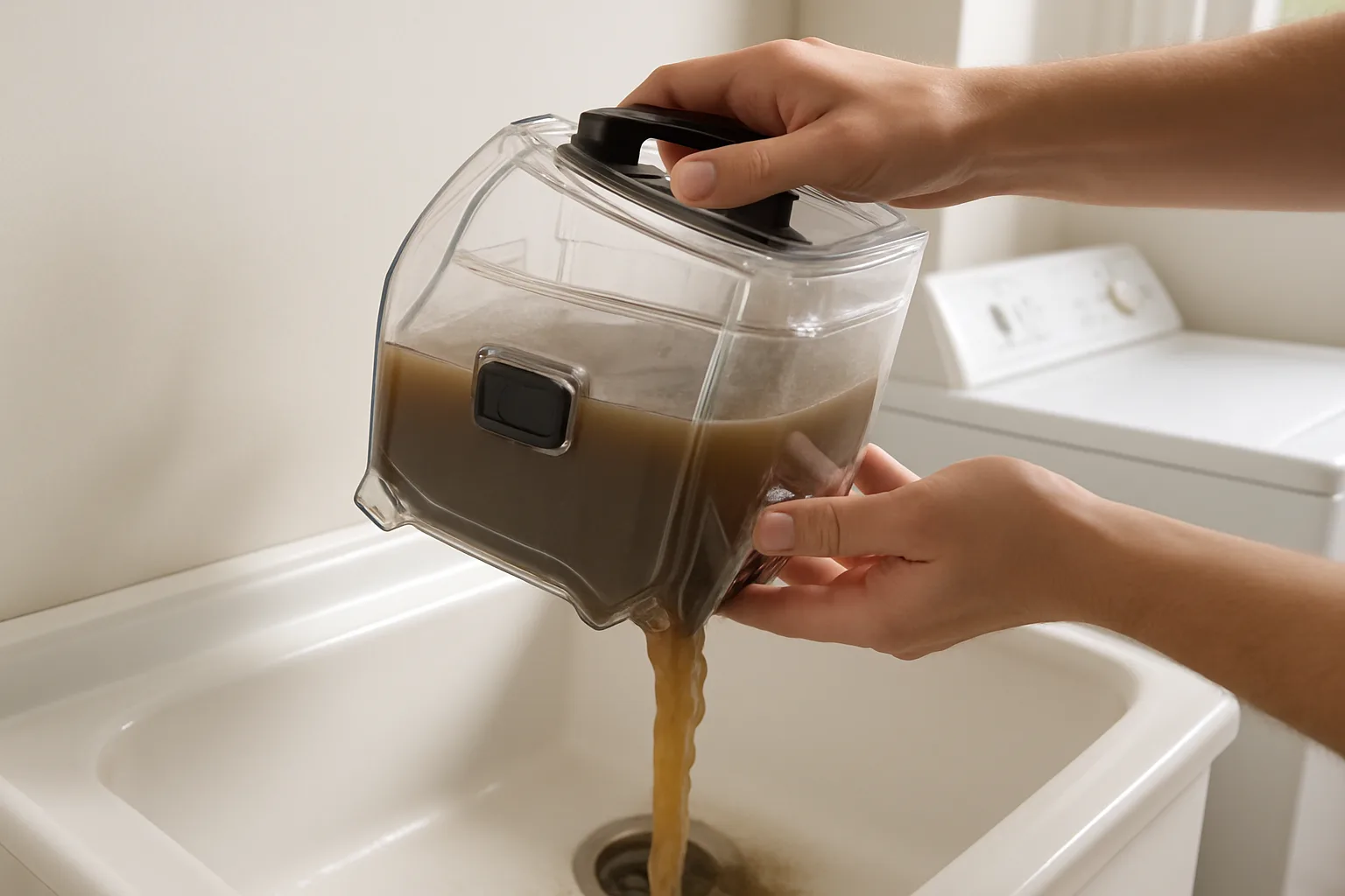 Hands pouring murky brown water from a clear carpet cleaner dirty-water tank into a white laundry sink