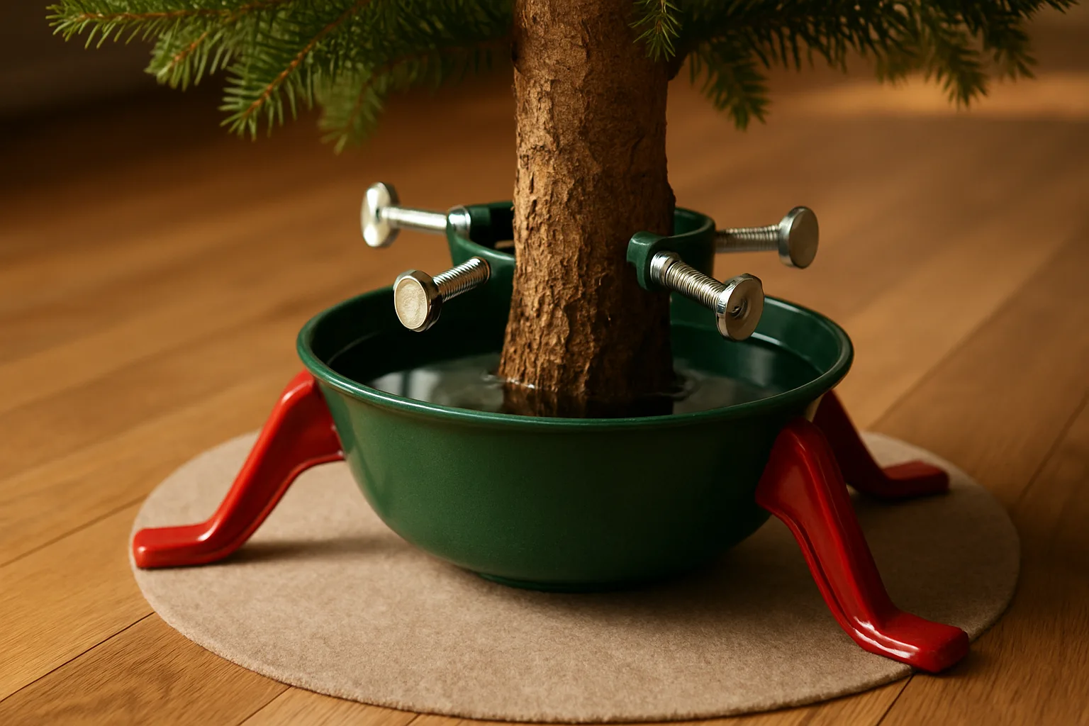 Classic steel Christmas tree stand with thumb screws gripping a fresh-cut trunk in a water-filled bowl