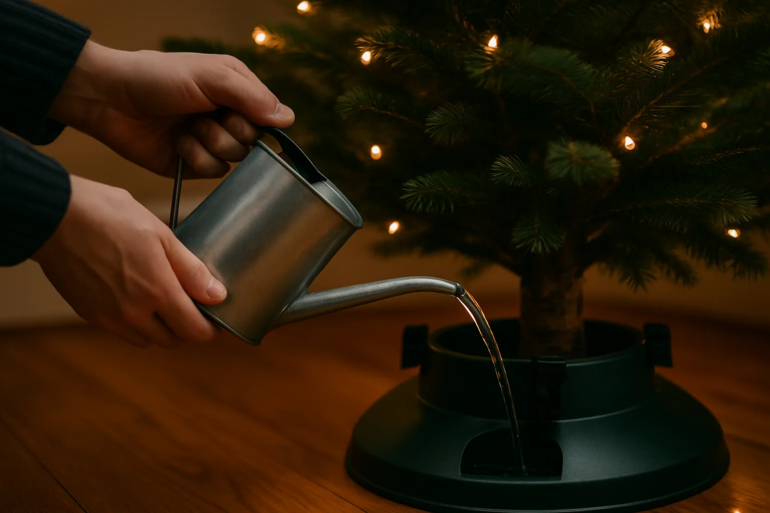 Watering can pouring water into a Christmas tree stand reservoir beneath the lower branches of a real fir