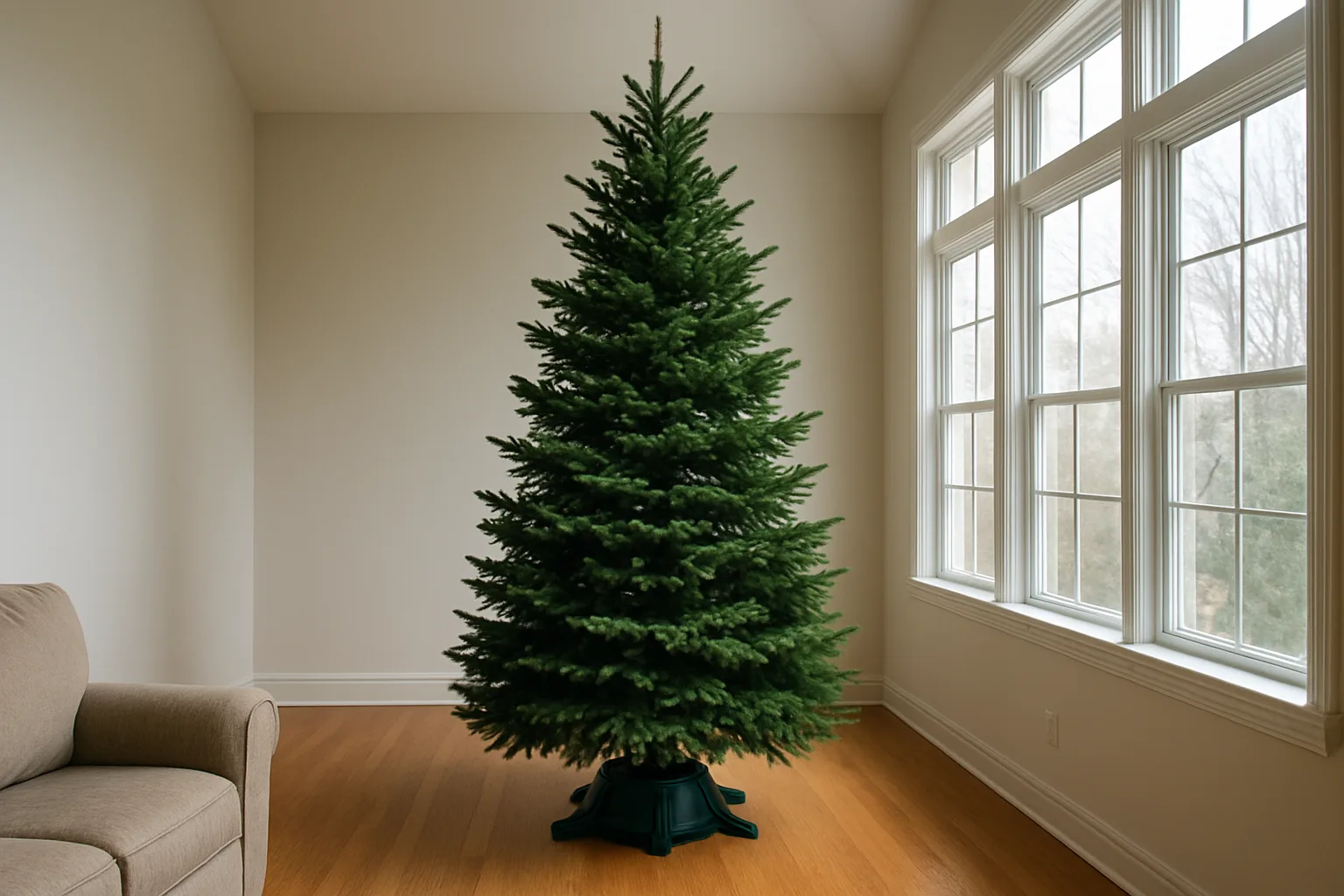 Tall real Douglas fir in a heavy wide-base tree stand with a foot pedal in a vaulted living room
