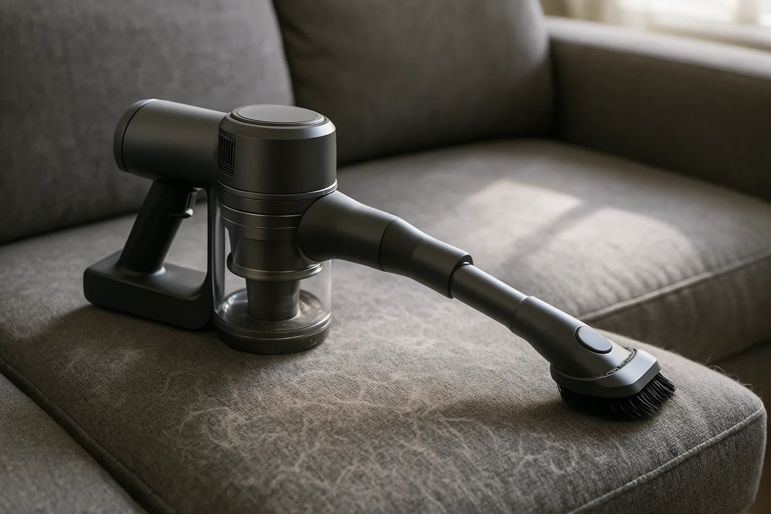 Cordless vacuum in handheld mode with a brush tool resting on a gray couch cushion covered in pet hair