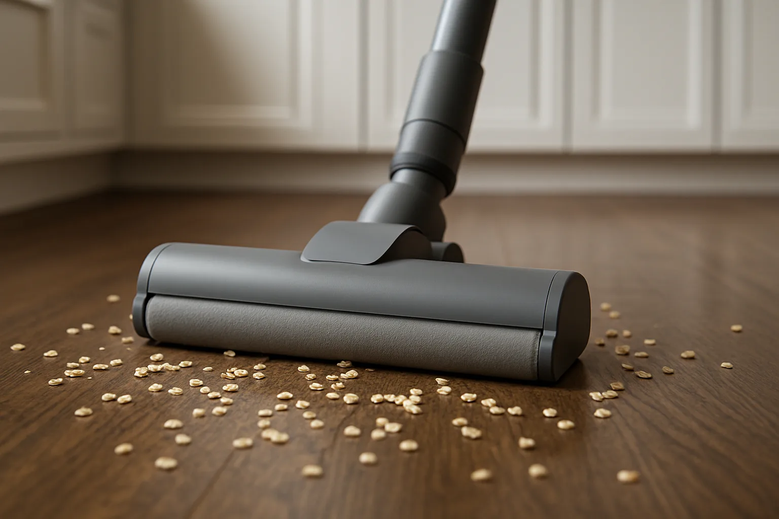 Gray cordless stick vacuum floor head with a soft roller picking up cereal crumbs on a dark hardwood kitchen floor