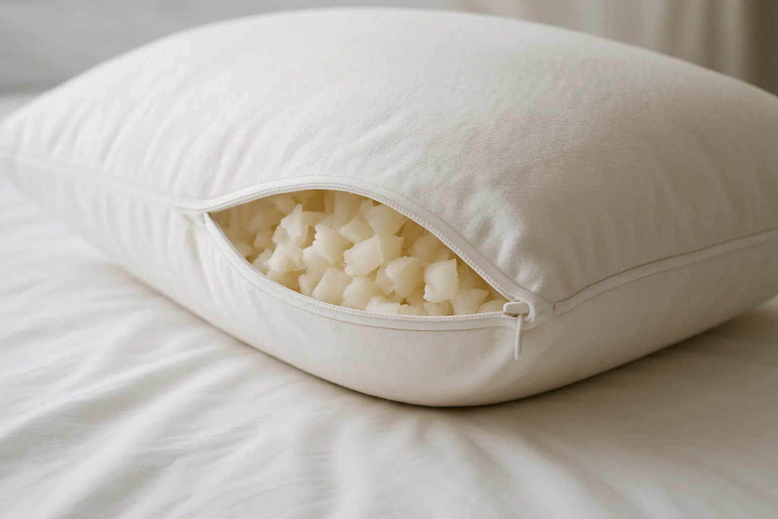 A white pillow with its zippered cover partly open showing shredded memory foam fill