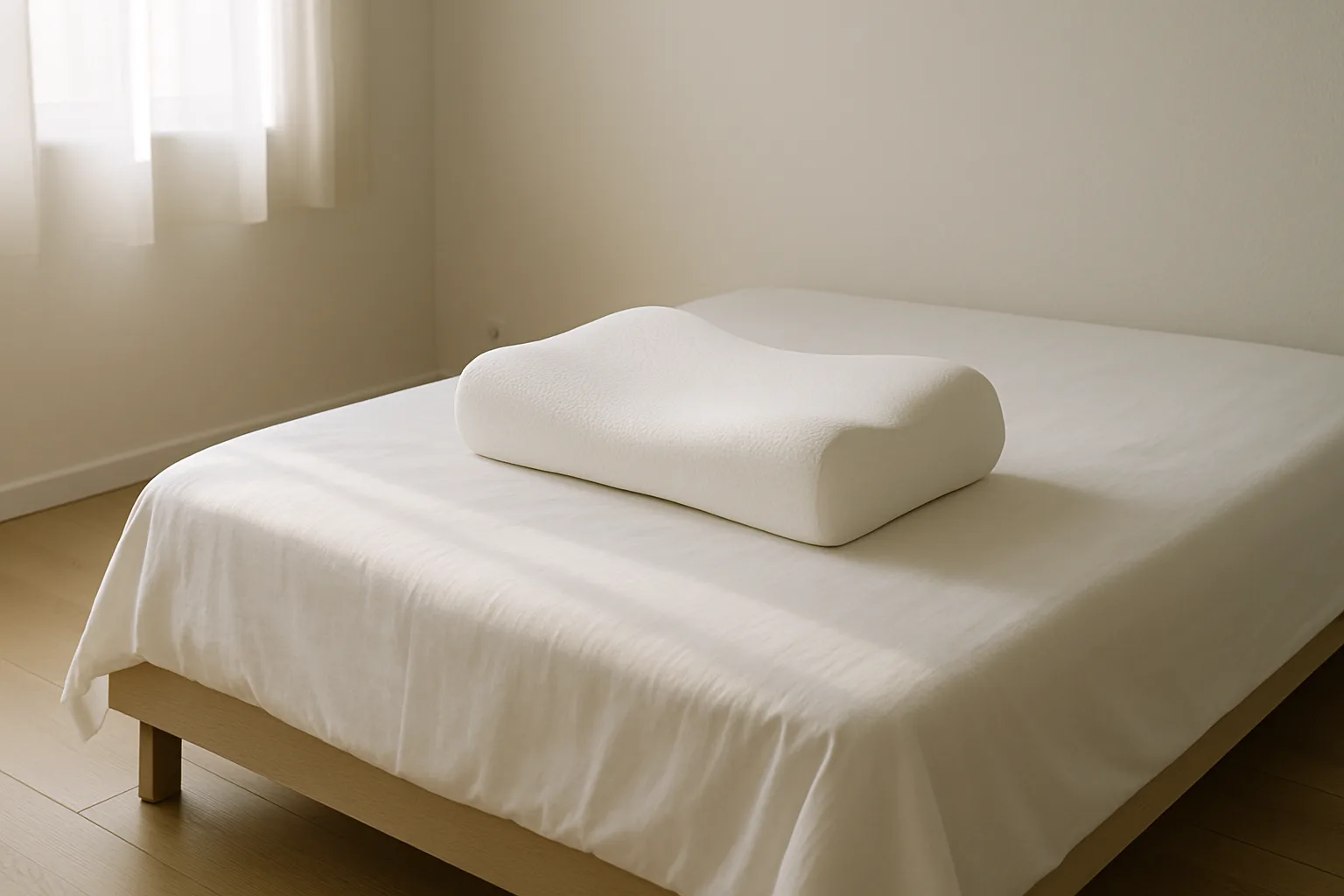 A plain white contoured memory foam pillow with a gentle wave shape on a made bed