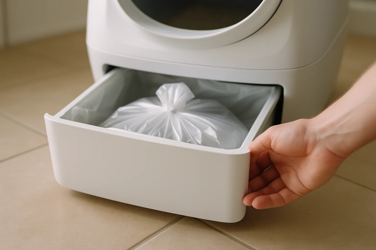 Hand sliding out the waste drawer of a white automatic litter box, showing a tied liner bag inside