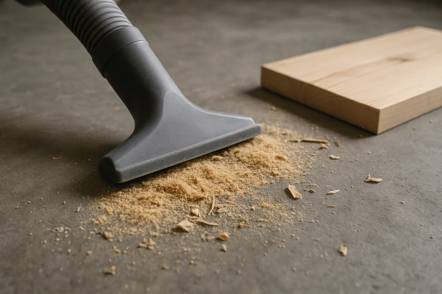 The wide floor nozzle of a shop vacuum hose picking up sawdust and wood scraps on a concrete garage floor