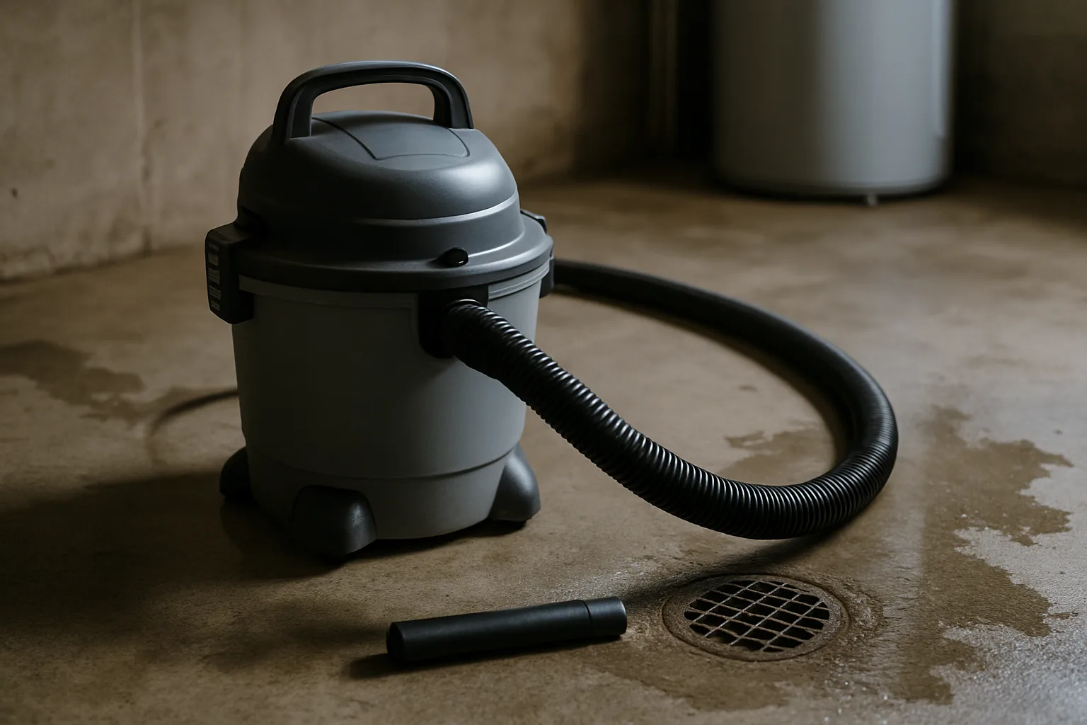 A compact unbranded wet/dry vacuum with its hose on a damp basement floor beside a floor drain