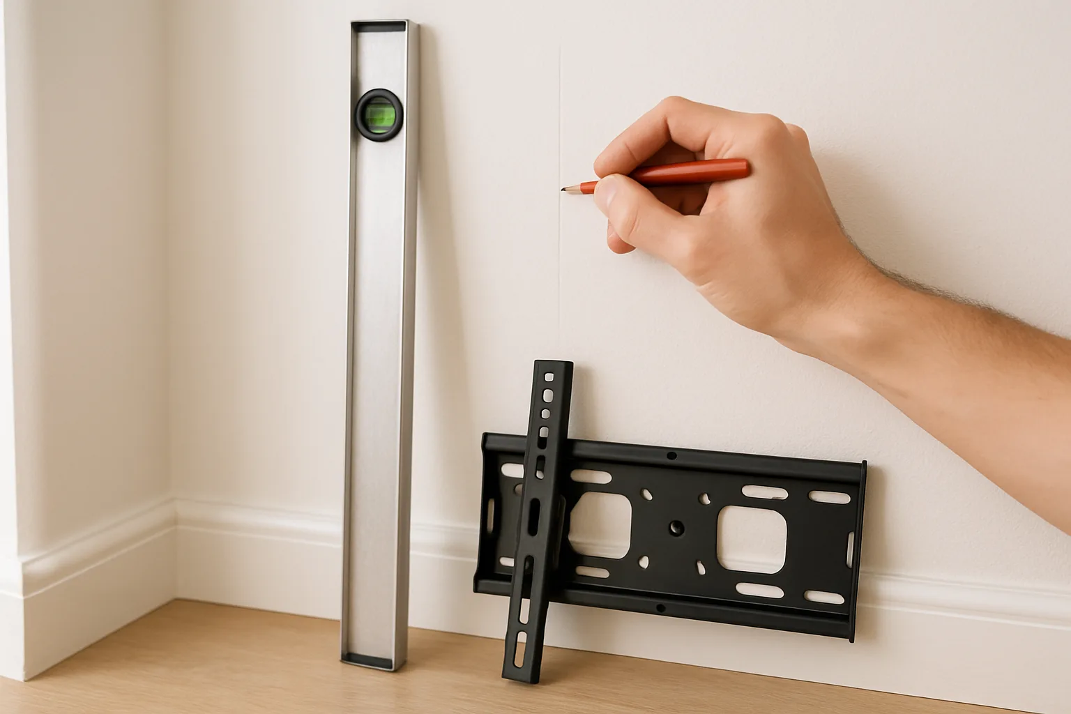 A hand marking a vertical line on a white wall with a pencil beside a level, with a wall-mount bracket waiting on the floor