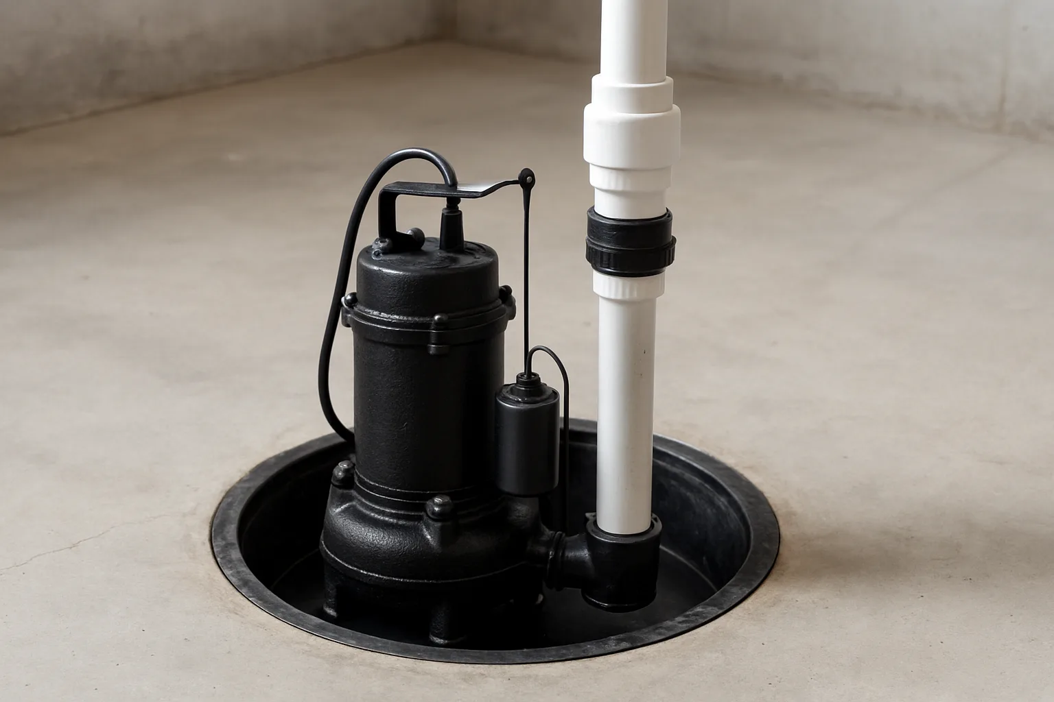 A black cast iron submersible sump pump with a vertical float switch in a round basin, connected to a white PVC discharge pipe
