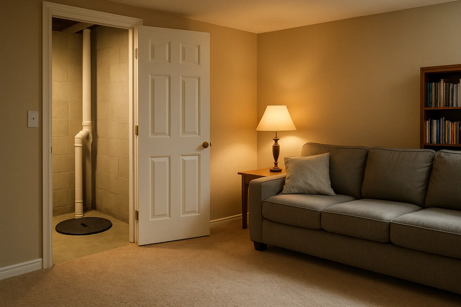 A finished basement family room with carpet and a sofa, and an open utility closet showing the sump basin lid and white discharge pipe