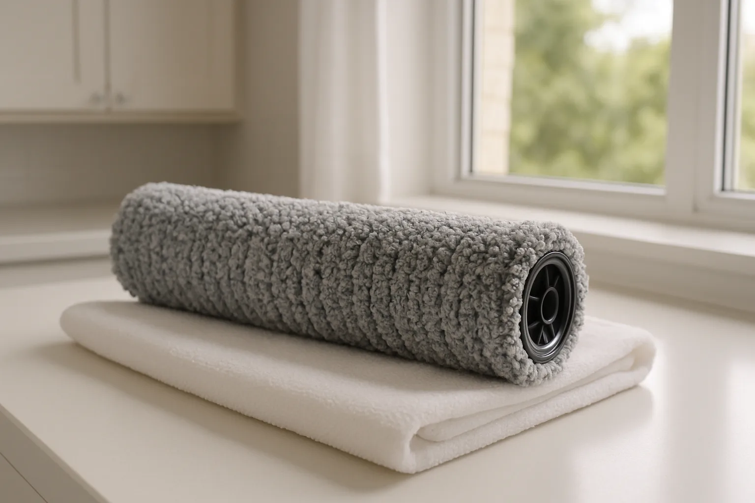 Gray microfiber mop roller removed from a wet-dry floor cleaner, air drying on a folded white towel by a window