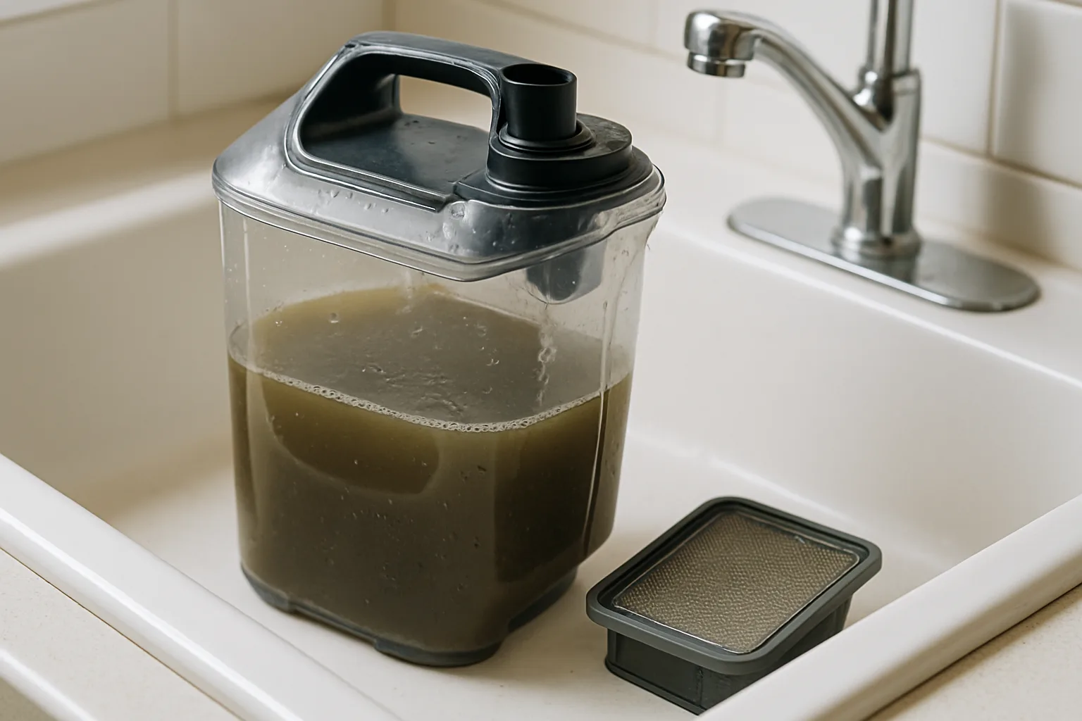 Clear dirty-water tank and gray mesh filter removed from a wet-dry floor cleaner sitting in a white kitchen sink