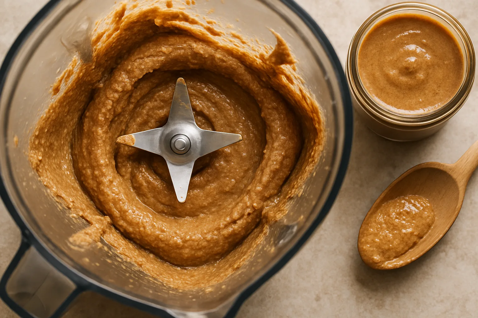 Thick homemade almond butter in a blender container around the blade, with a jar and wooden spoon beside it