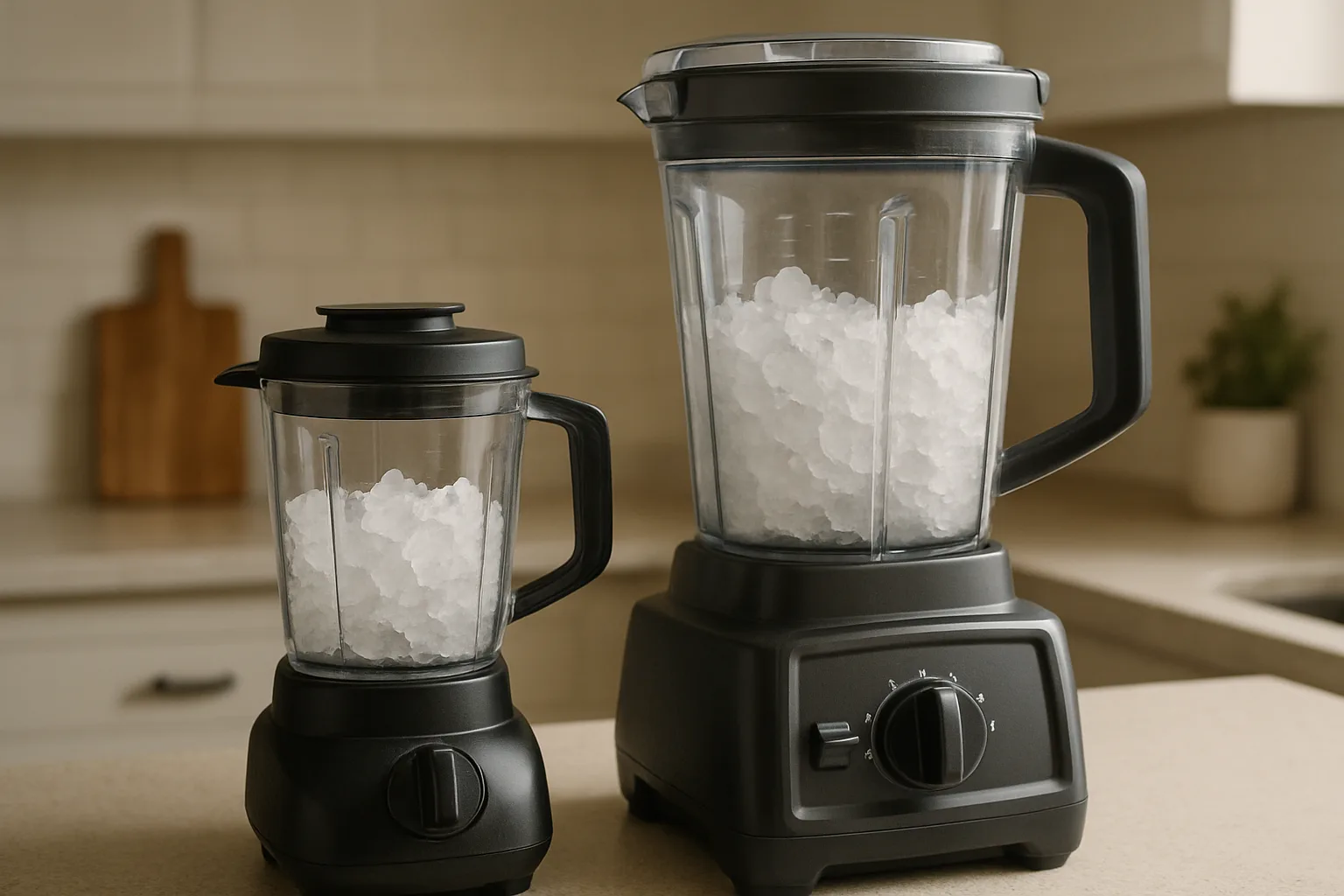 Compact blender and larger high-performance blender side by side on a counter with crushed ice