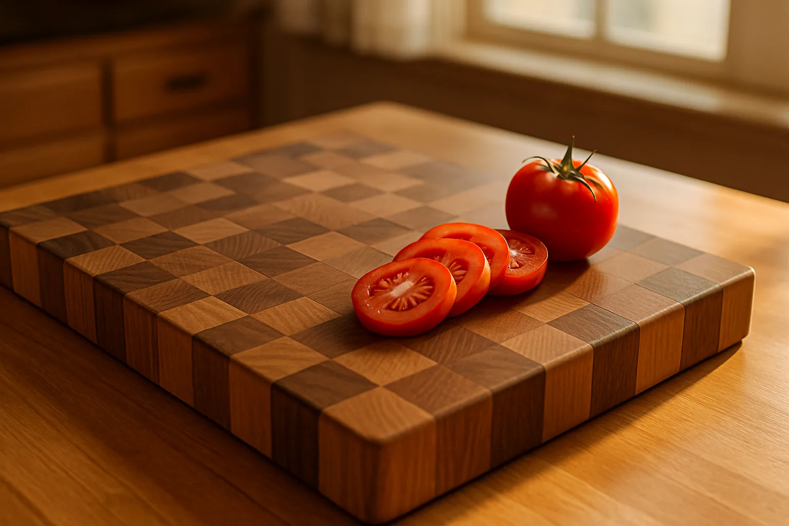 An end grain wooden cutting board with its checkerboard pattern and sliced tomatoes